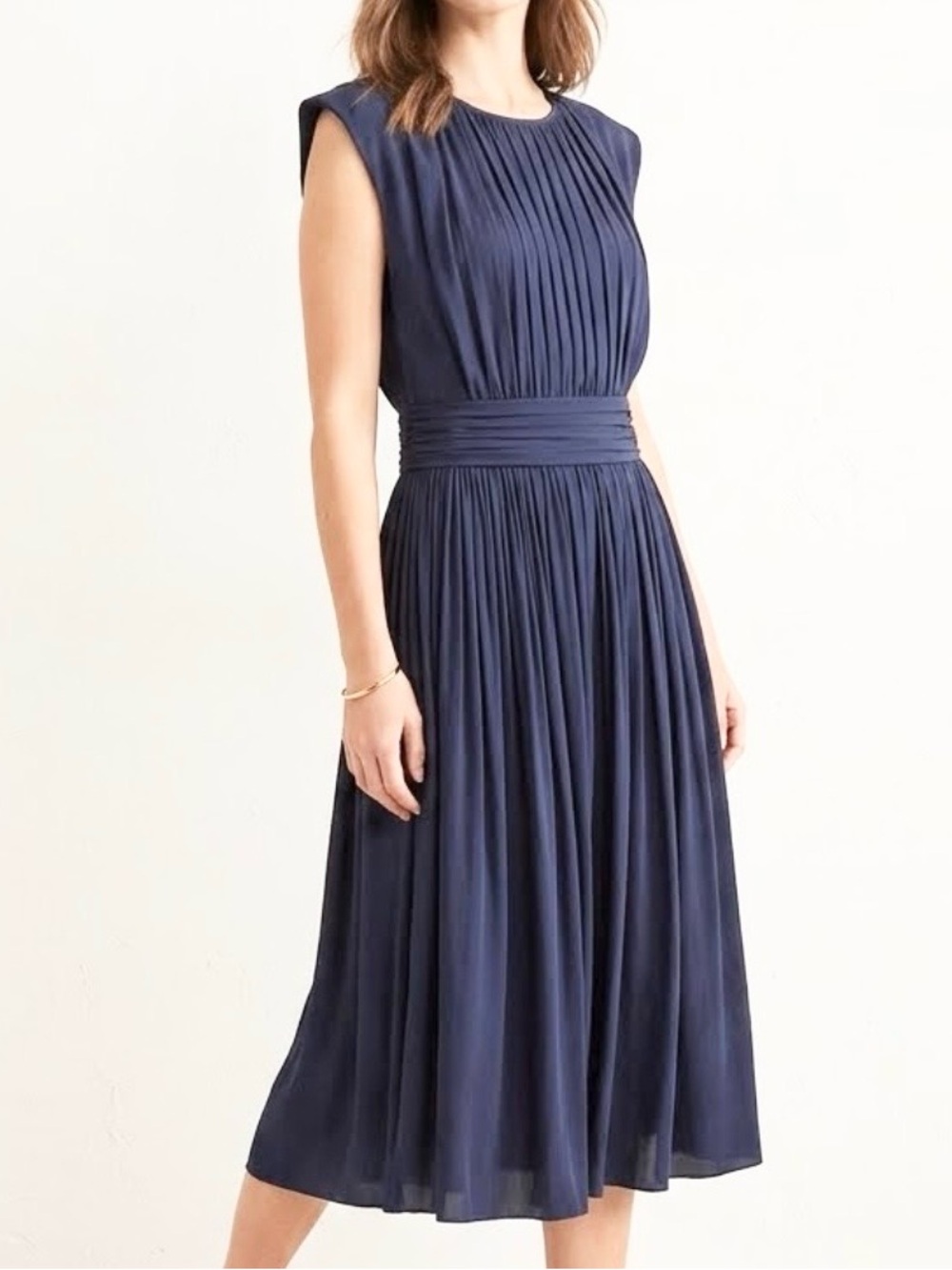 Boden Navy Blue Pleated Midi Dress Sleeveless Ruched Waist US 8L Tall